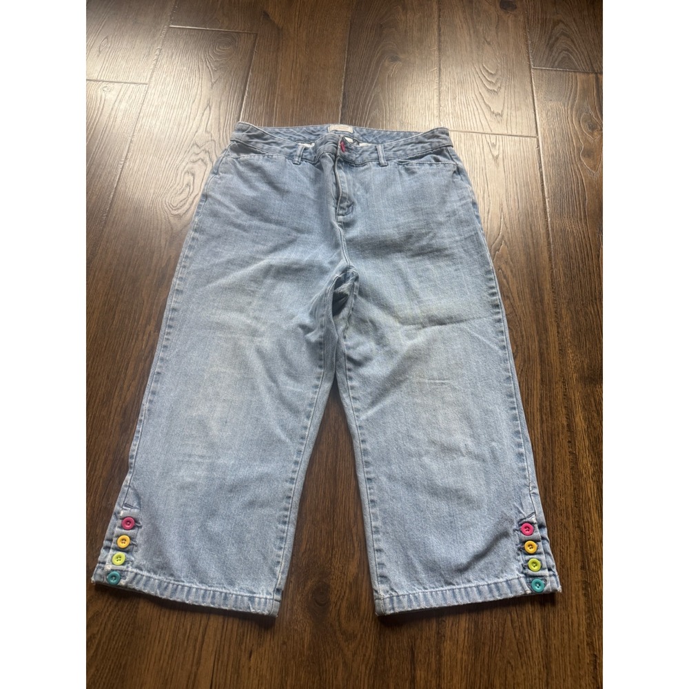 Christopher & Banks Light Wash Capri Jeans Rainbow Button Hem Blue Denim Size 12